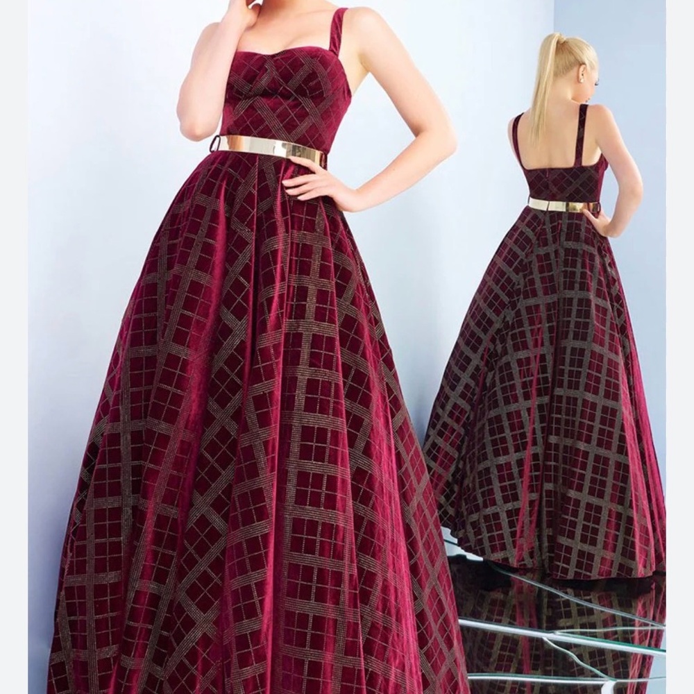 Mac Duggal Burgundy Plaid Gown - Picture 2 of 3